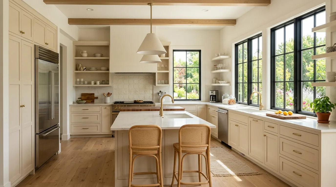Create contrast through shape instead of louder color inspiration for a beige kitchen.